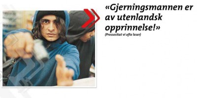 노르웨이 진보당의 2005년 선거 팸플릿에 등장한 사진. “범인은 외국인이었다”라는 설명이 붙어 있다. 외국인을 잠재적 범죄자로 인식시켜 공포를 불러일으키는 극우의 수법은 세계 공통이다.