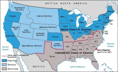 남북전쟁 직전 1861년 지도. 회색은 노예제 시행 주이고 분홍선은 ‘남부 연방’ (Confederacy 혹은 Confederate States) 경계선. 