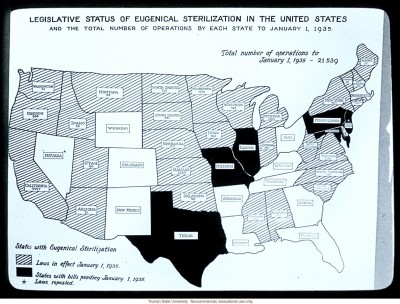 1934년까지 단종법을 통과시킨 주(빗금)와 통과 예정인 주(검은 색)를 보여주는 지도.