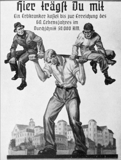 유전적 질병을 가진 이들은 살아서 사회에 큰 부담이 될 뿐이라는 우생학적 메시지를 형상화한 1937년 독일의 포스터. 